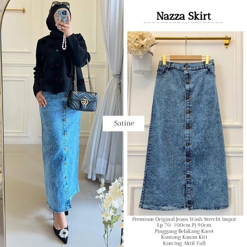 Naura Skirt Jeans/Rok Jeans Span Panjang Wanita Warna Snow Fariasi Kancing Deret Rawis Rawis/Rok Spa