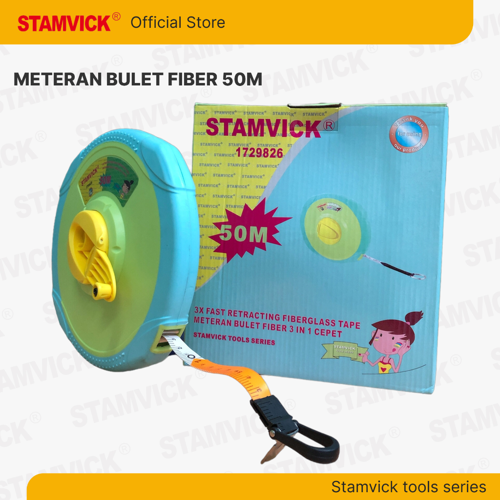 Meteran Kain bulat Full Fiber Stamvick Panjang 50meter - 3x Fast Retracting Fiberglass Tape
