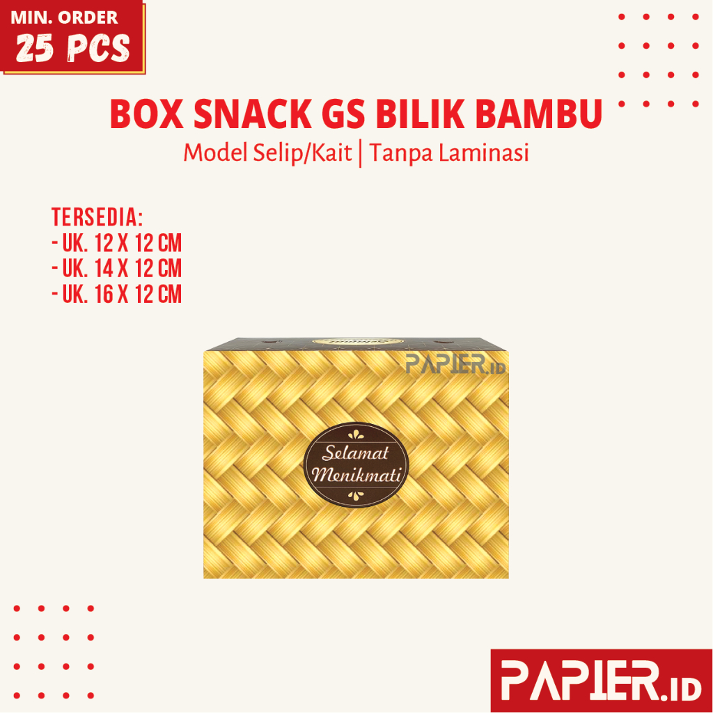 

Box Snack GS Motif Bilik Bambu uk. 12x12 , 14x12 , 16x12 cm Tebal 310gr Tanpa Laminasi / Dus Snack Kotak Makanan 12x12 , 12x14 , 12x16