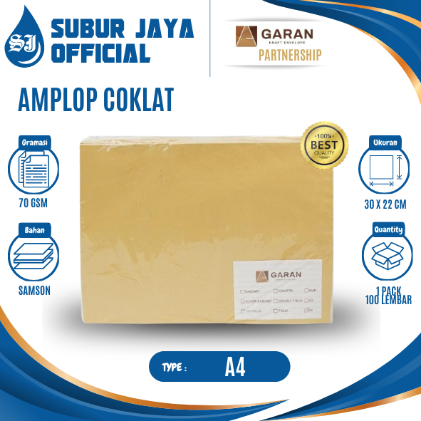 

Amplop Kertas Coklat Samson GARAN 1 Pack Isi 100 Lembar (No seal) ( A4/ FOLIO / MAP / A3 / KABINET / SUPER KABINET / KWARTO / 1/2 fOLIO )