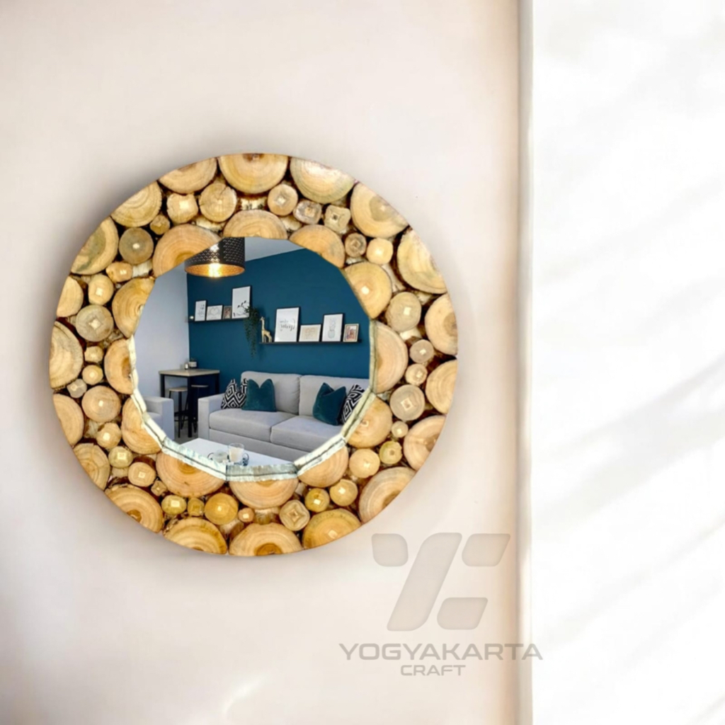 Cermin Bulat Kayu Cermin Woodslice Cermin Dinding Kaca Aesthetic