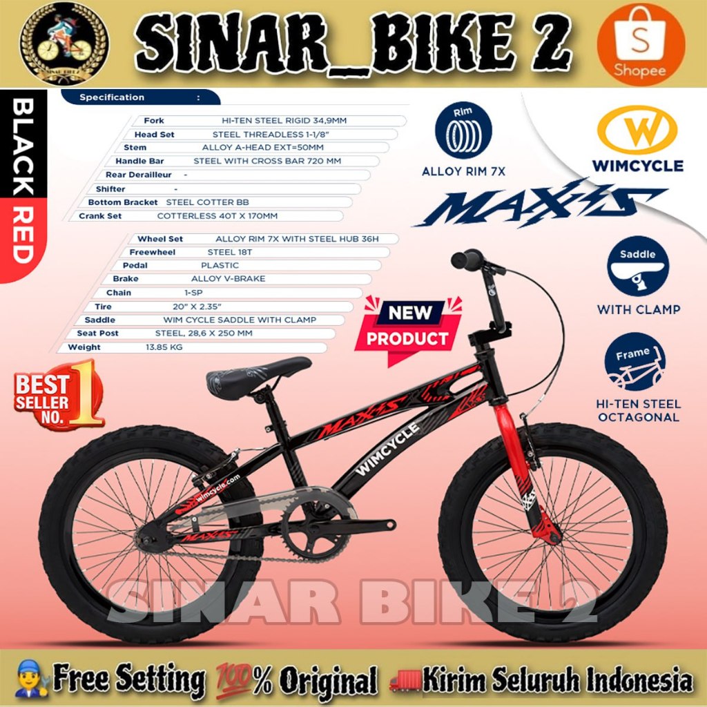 Sepeda Anak Laki BMX WIMCYCLE MAXIS MAXXIS Ukuran 20 Inch Usia 8-12 Tahun