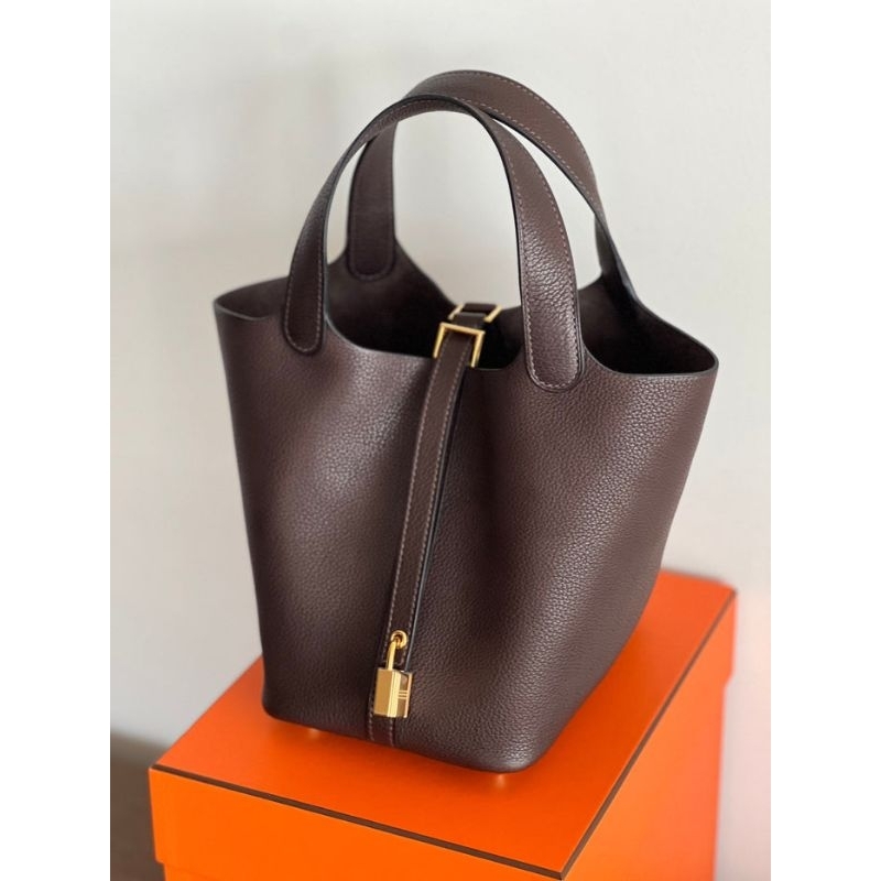totebag drak brown picotin clemence leather handmade