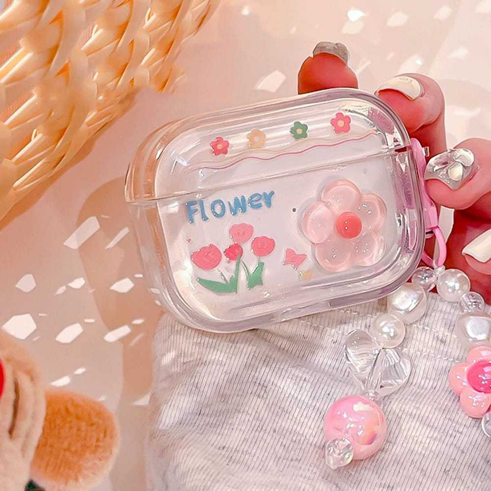 TechArmor -  Clear Case Airpods Flower Pink Aesthetic untuk Airpods Gen 1 2 3 Pro
