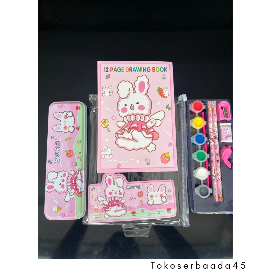 

Set Book Darwing Buku Mewarnai Pink Kotak Pensil Cat Warna Air Pencil Serutan Penghapus Mainan Anak.