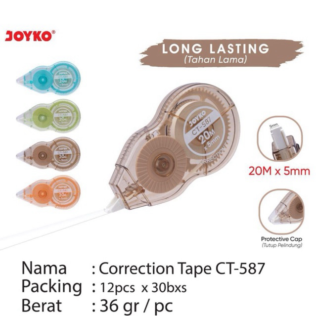 

( 1 pcs ) CT587 Tipex Kertas Joyko / Correction Tape Jumbo 20 Meter x 5 mm / Pita Koreksi Joyko CT-587 warna / Tipe X Pita Long Lasting