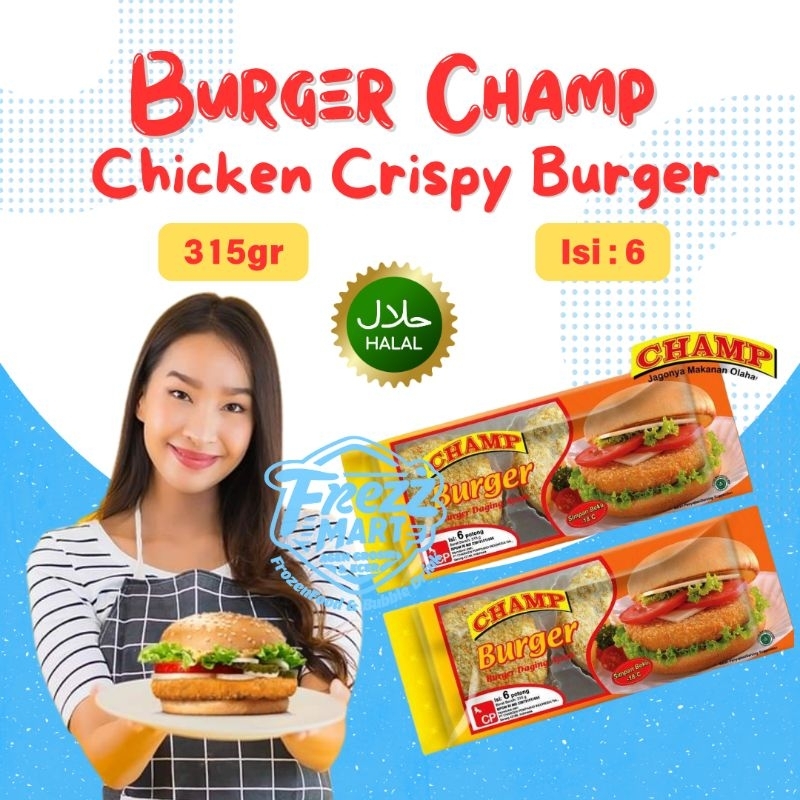 

Crispy Chicken Burger Champ 315gr isi 6 Pcs Daging Ayam Krispi.