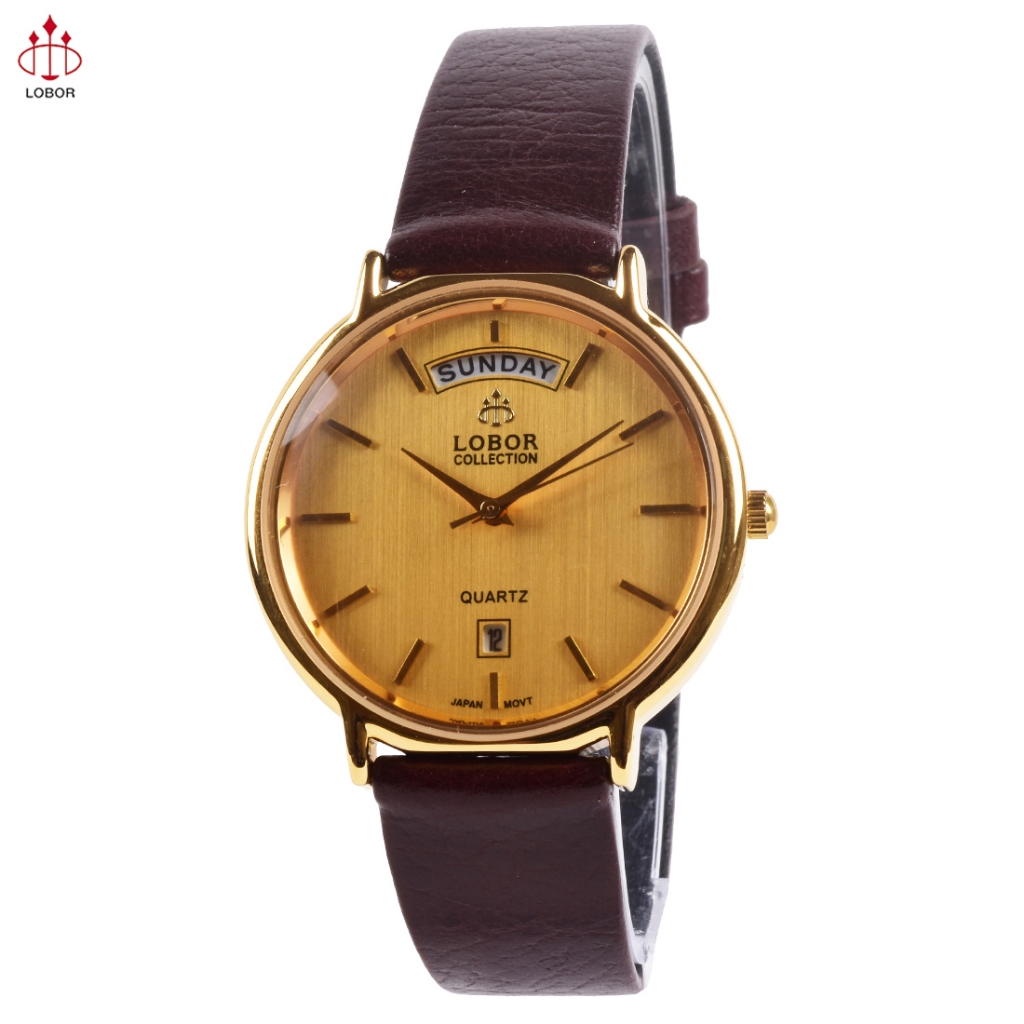 Lobor D2703-2M Dress Watch - Jam Tangan Analog Pria - Gold Case Gold Dial Brown Leather Strap