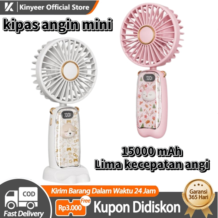 KINYEER Disney Kipas Angin Mini Portable+Dudukan Ponsel Model Animal Karakter | Usb 15000 mAh Handy 