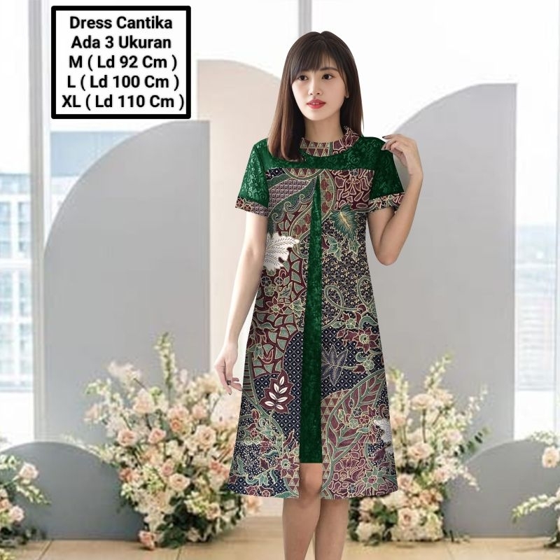 Dress Midi Model Terbaru Matt Batik Kombinasi Brokat Mutiara Modern Elegant Cocok Untuk Pesta,Kondan