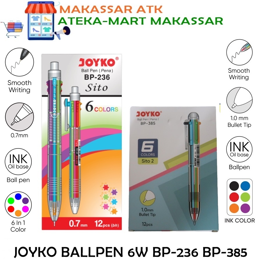 

[BOX/12 PCS] JOYKO BALL PEN BP-236 BP-385 SITO PEN 6 WARNA