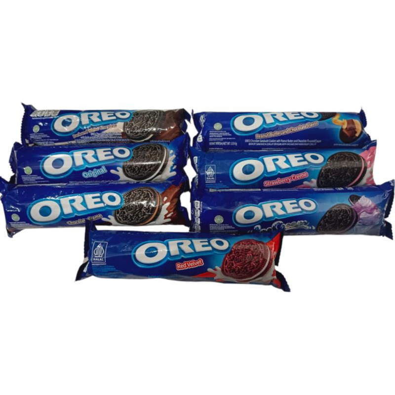 

Oreo varian rasaChocolate cremeDark and white chocolatePeanut butter and chocolate flavor Strawberry creme Ice cream Original Berat 119,6g Red velvet Berat 119,6g