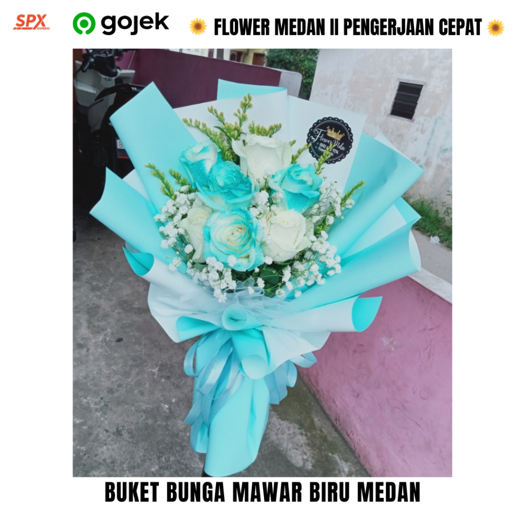 FLM Buket bunga mawar asli tujuh tangkai bunga wisuda kado hadiah toko - Putih Biru