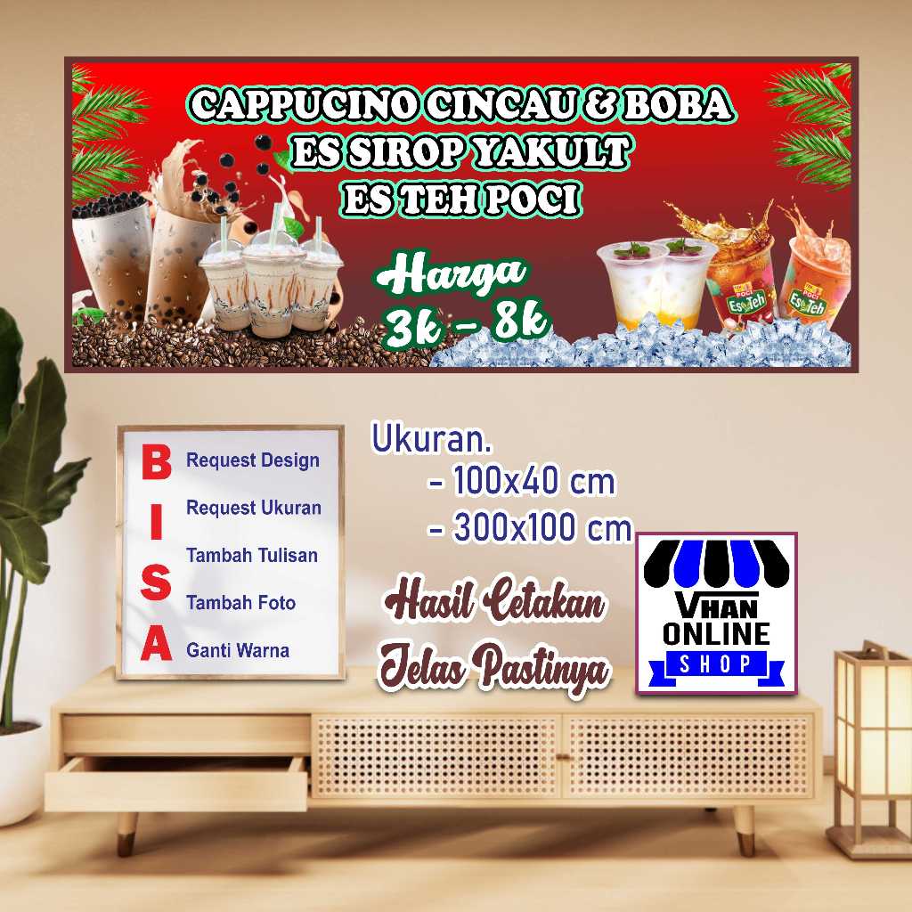 Banner Spanduk Custom Capcin, Boba, Es Yakult dan Teh poci