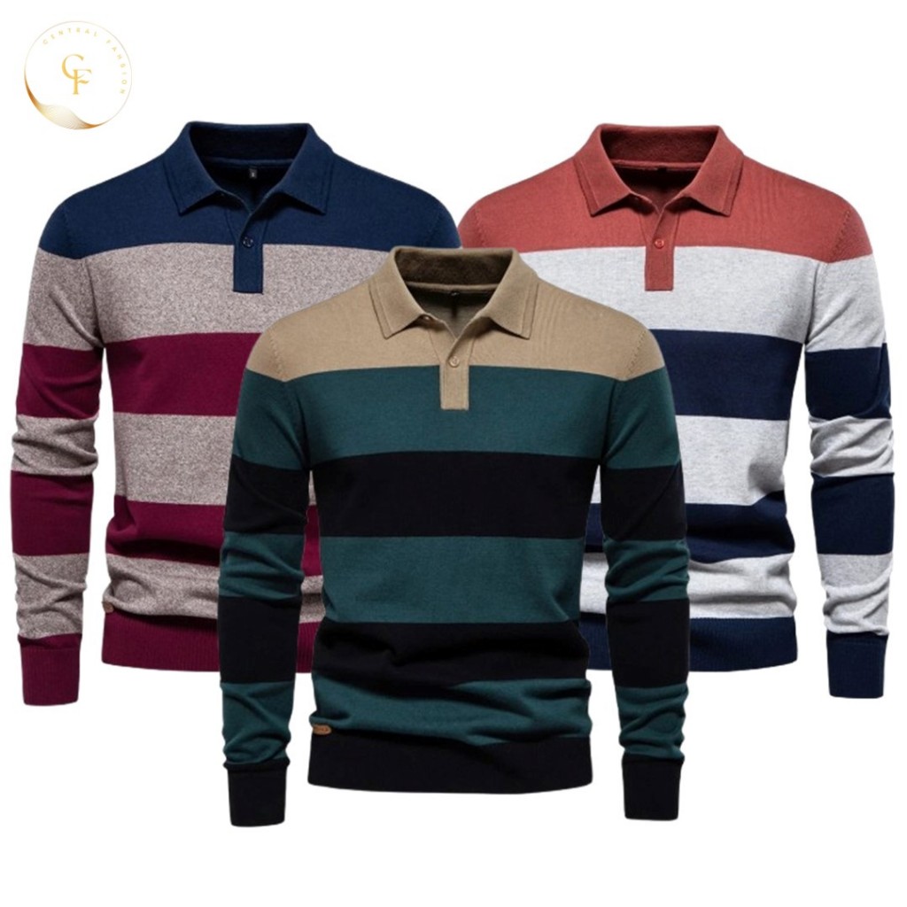 Sweater Rajut Pria Keren Tebal Kombinasi Warna Elegant Model Kerah Polo Switer Cowok Knitted