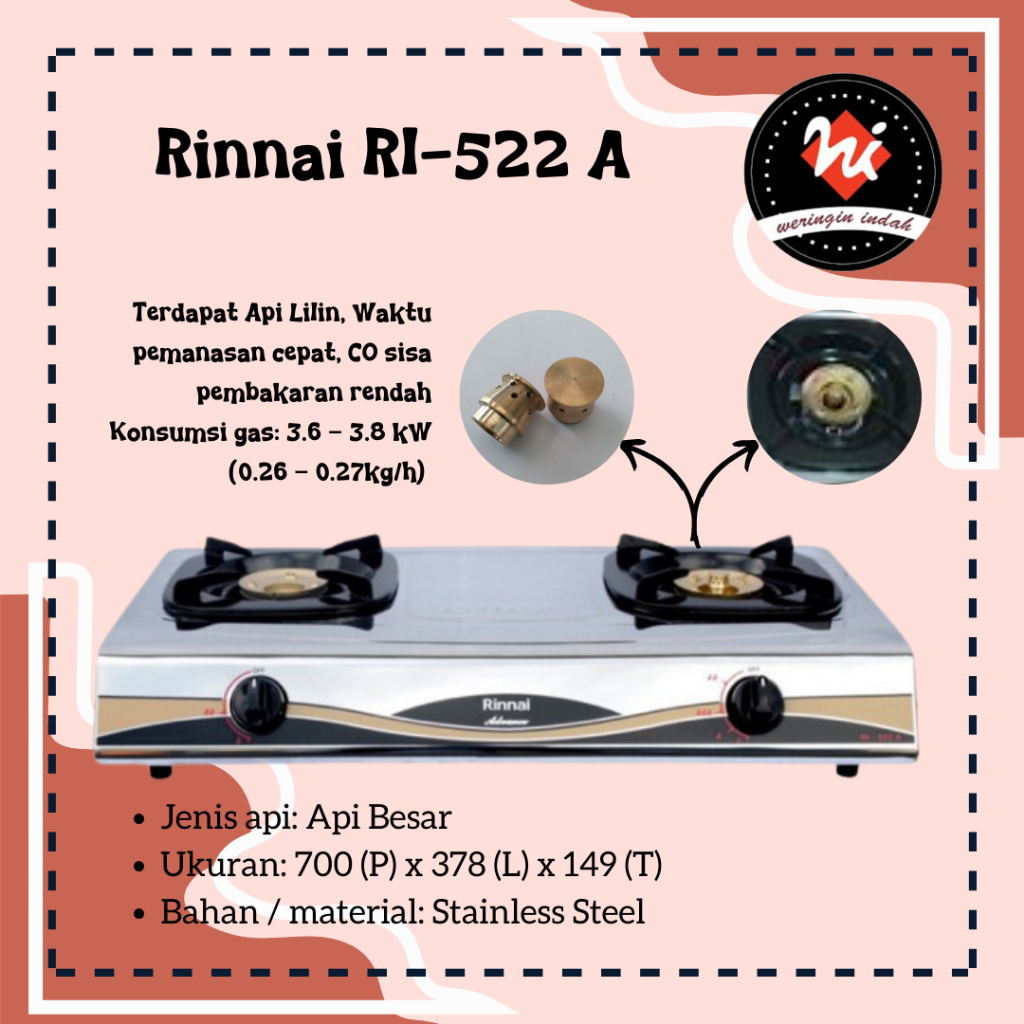 Weringin Indah - Kompor Gas Rinnai RI-522 A, Kompor Rinnai 2 Tungku, Kompor Rinnai 2 Tungku Stainles