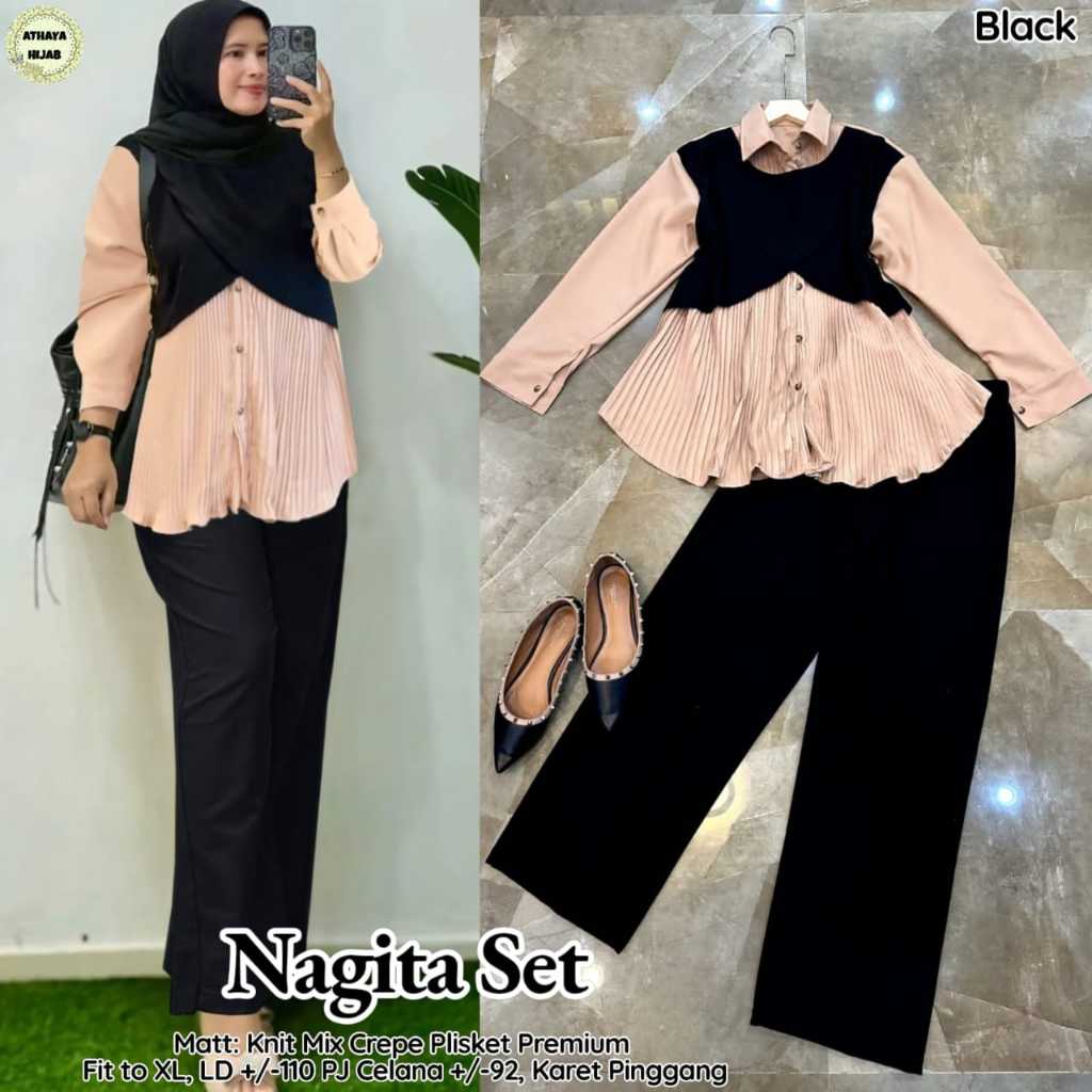 NAGITA SET BY ATHAYA / SETELAN WANITA ATASAN MIX CELANA BAHAN KNIT MIX CREPE PLISKET BEST SELLER