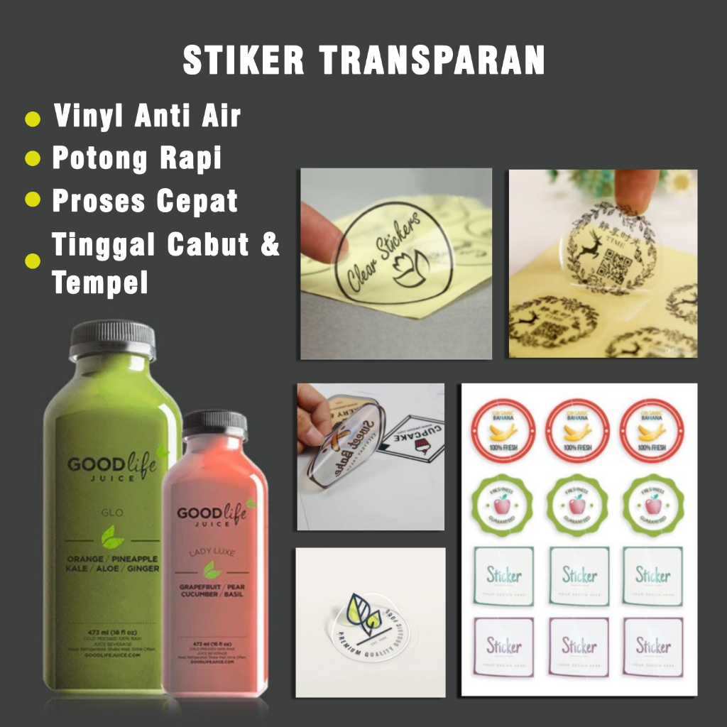 

Cetak Stiker Transparan Anti Air, Vinyl Transparant (Print + Cutting), Stiker Frozen F&B, Label, Branding, dll.