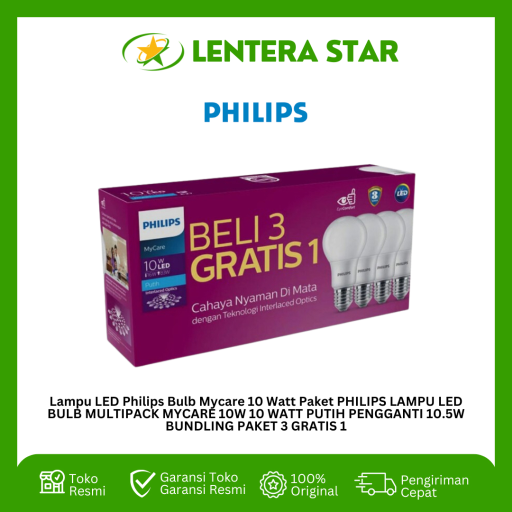 Lampu LED Philips Bulb Mycare 10 Watt Paket PHILIPS LAMPU LED BULB MULTIPACK MYCARE 10 WATT PUTIH