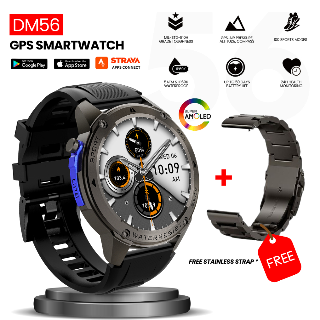 DM56 Smartwatch Retina Amoled Smartwatch Built-in GPS Compass Altimeter Barometer 5 ATM Waterproof