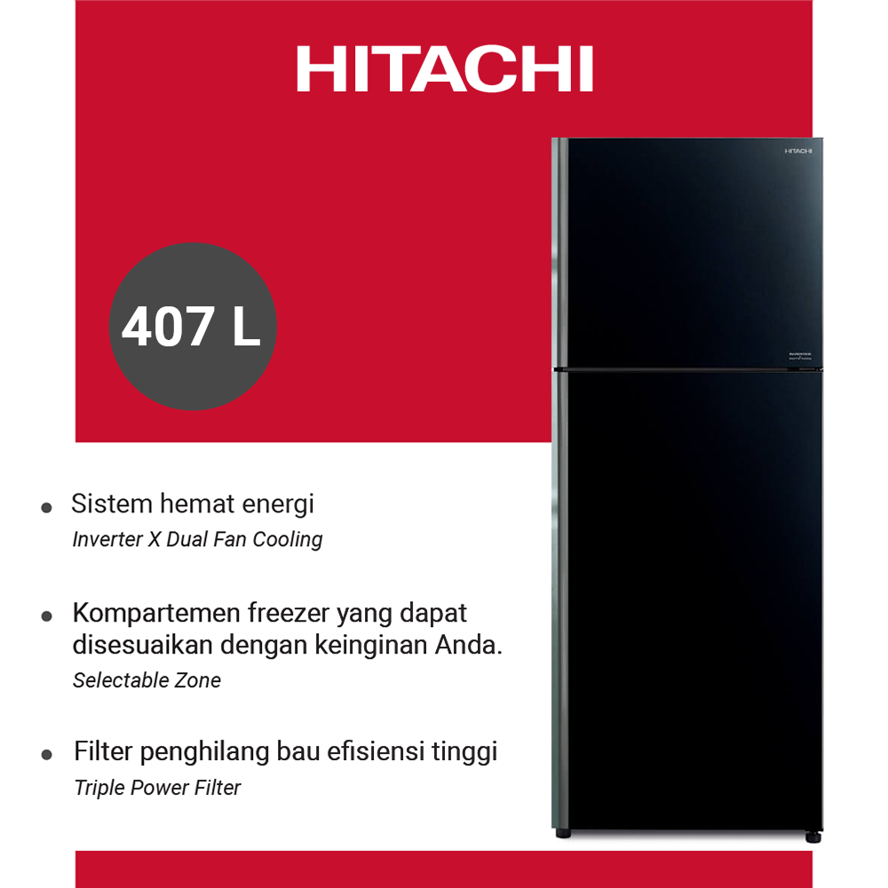 HITACHI Kulkas 2 Pintu Inverter Glass Black 395 L R-VGX48PGD9