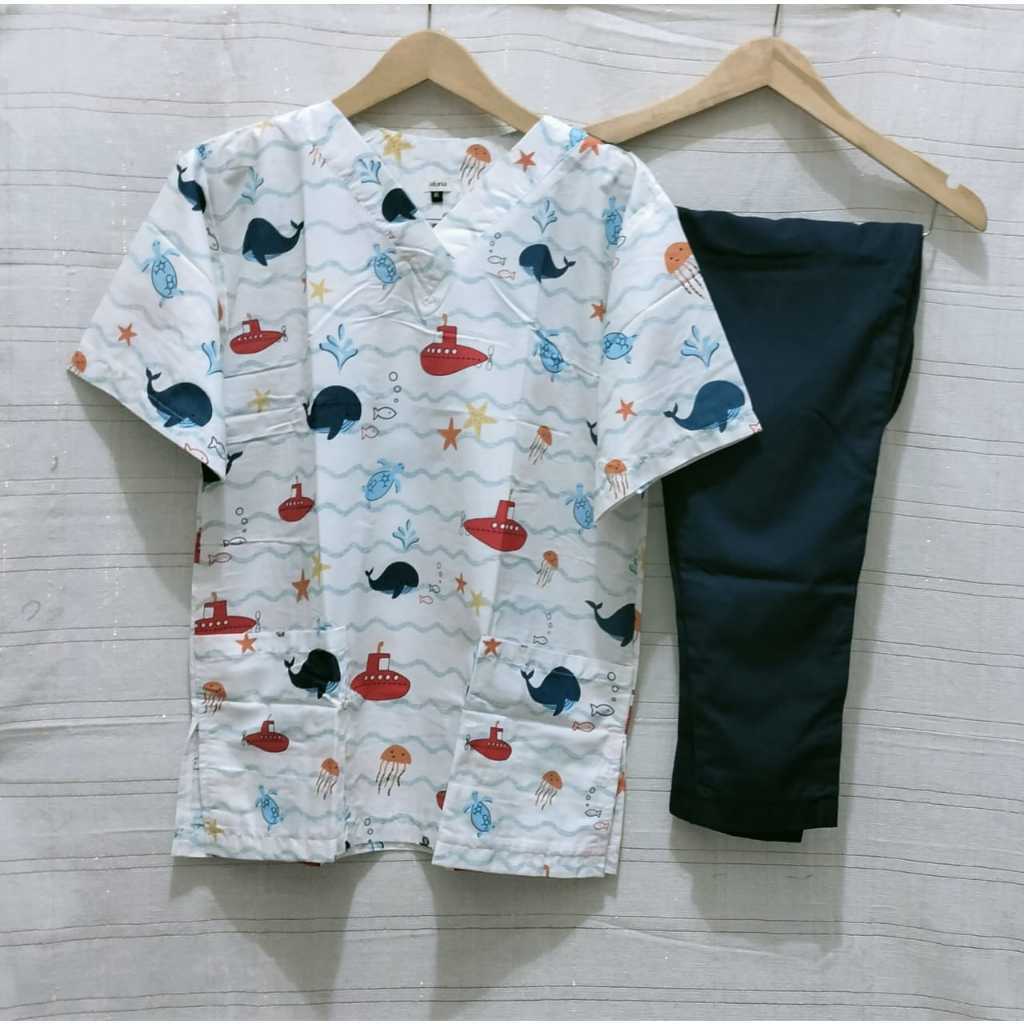 Setelan scrub motif / Baju jaga / Baju dokter motif kartun