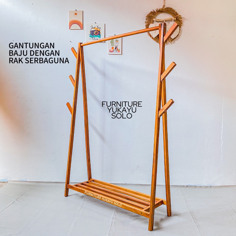 GANTUNGAN BAJU DENGAN RAK KAYU JATI SERBAGUNA / RAK DISPLAY / GANTUNGAN HANGER / STAND HANGER / JAGR