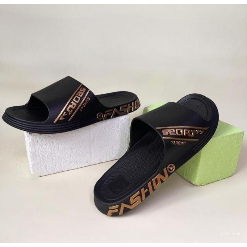Nq-Sandal Slip On Selop Pria Anak Dewasa 39-44 Black Gold Sendal Slop Cowok Simple Design Empuk Taha