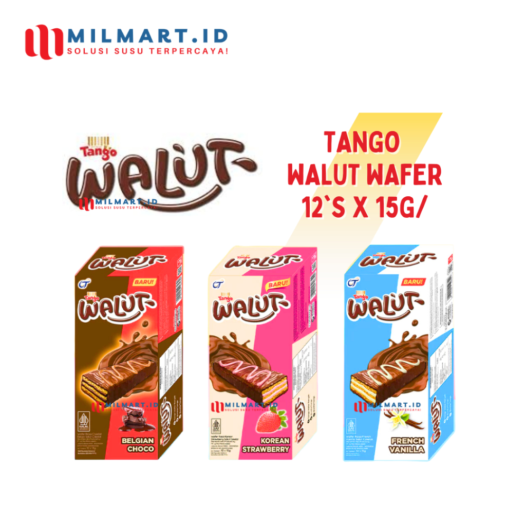 

TANGO WALUT BELGIAN CHOCO 12'S X 15G WAFER CHOCOLATE VANILLA STRAWBERRY CAMILAN JAJANAN