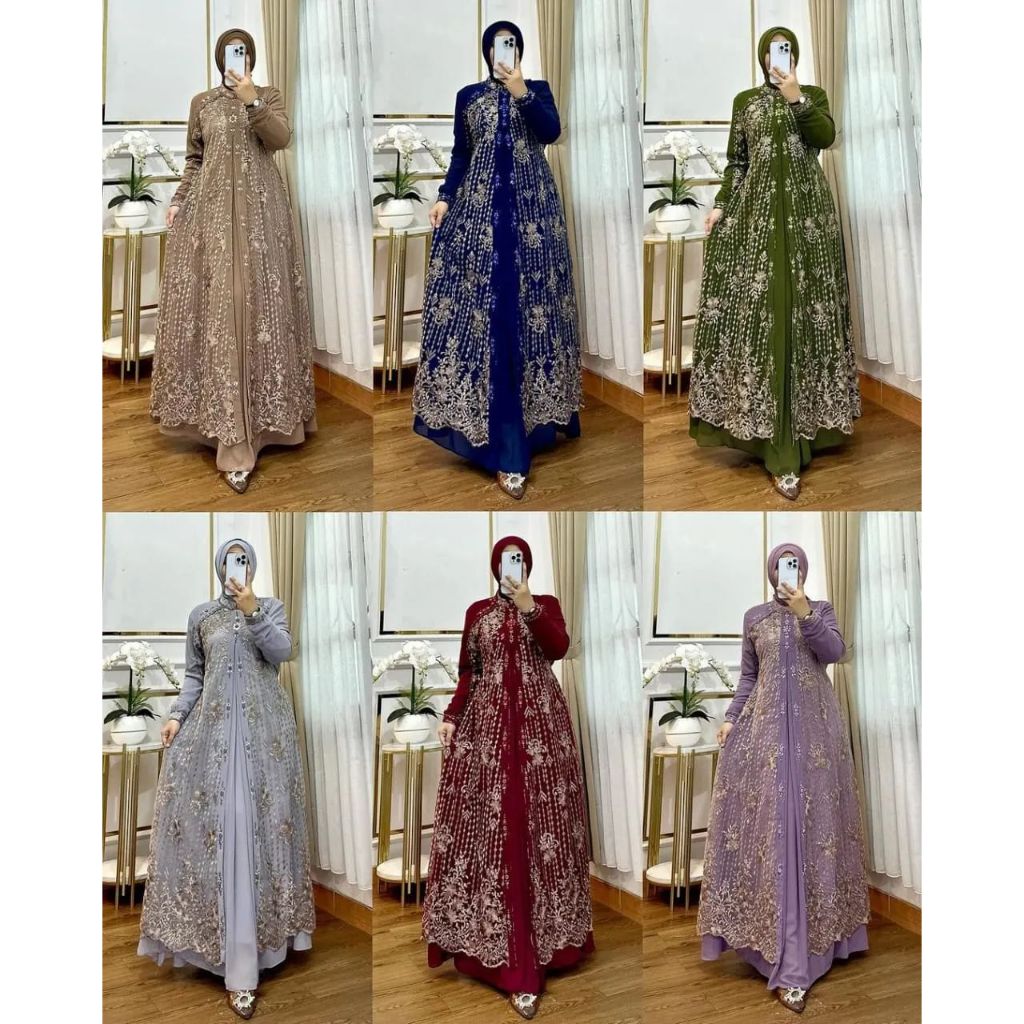 Gamis Wanita Elegan Mewah Nadya Dress BL Size M L XL XXL LD 100-120 CM Bahan Ceruty Babydoll Mix Bru