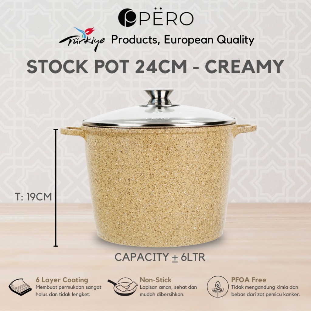 Pero Stock Pot Panci Gentong 24cm with Glass Lid / Panci Granite Anti Lengket / Panci Granite Besar