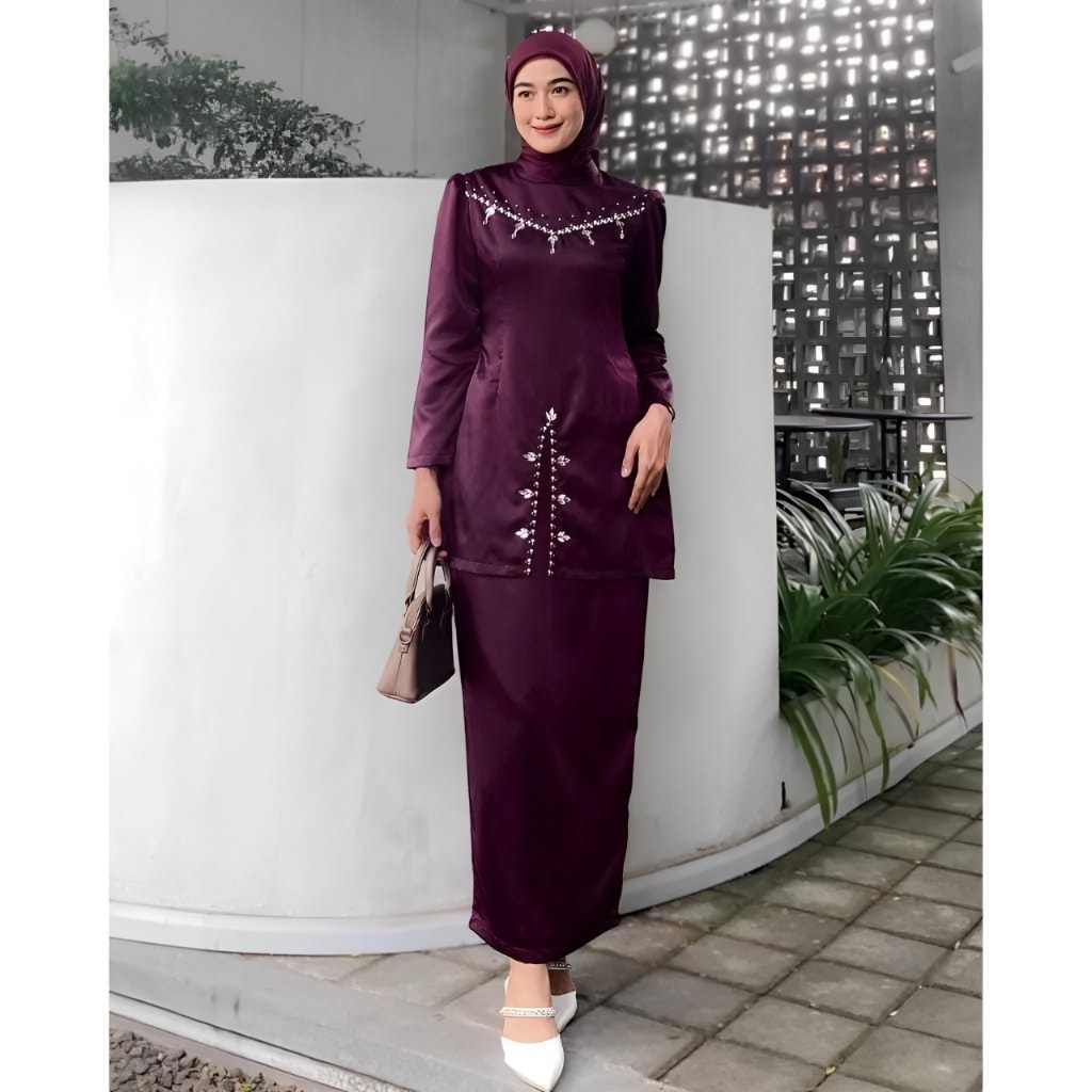 Fayra Oneset Atasan Rok Wanita Baju Kurung Melayu Kekinian Dress Pesta Hiasan Payet Mutiara Elegan S