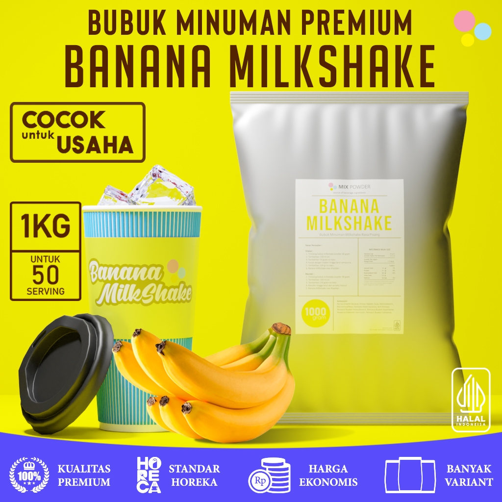 

Mix Powder Banana Milkshake Bubuk Minuman Rasa Pisang Based Milk Shake Instan Drink Kemasan 1 Kg | 1000 Gram