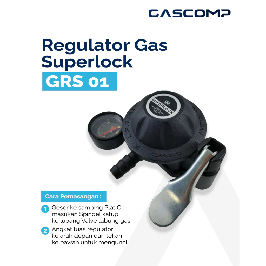 Gascomp Superlock GRS01 Regulator Kompor Gas Meter Tekanan Rendah Pengunci Ganda Otomatis