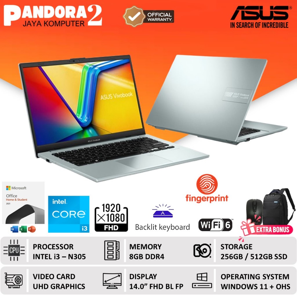 Laptop ASUS Vivobook Go 14 E1404GA core i3 N305 8GB 512GB FHD Windows 11 Baru Original