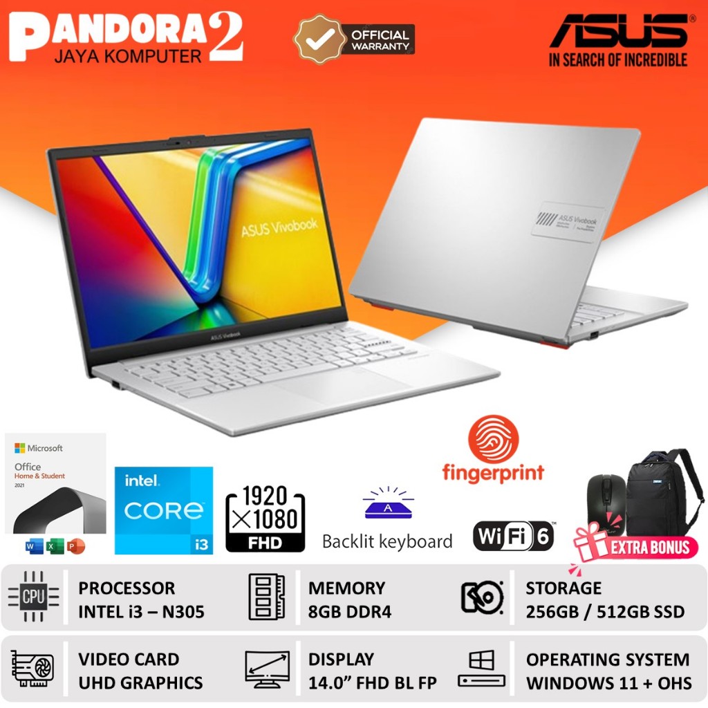 Laptop ASUS core i3 Gen 13 N305 E1404GA 8GB 512GB 14 FHD Windows 11 Baru Original