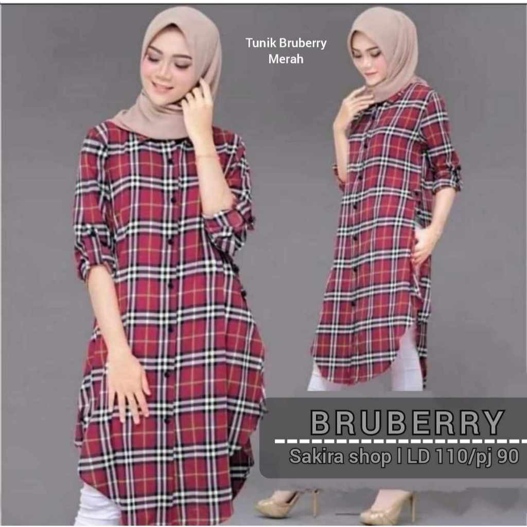 TUNIK MOTIF KOTAK-KOTAK BRUBERRY / TUNIK WANITA JUMBO LENGAN PANJANG