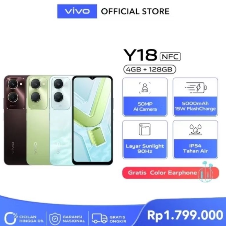 Hp Vivo Y18 NFC Ram 4Gb+(4Gb) Internal 128Gb , 50Mp Camera , 5000mAh Baterai , Layar Sunlight Displa