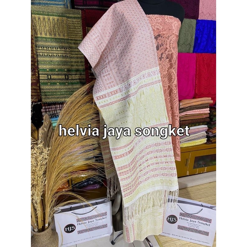 Tumtuman Full Crystal warna Pink Salem Tumpal Putih Gold