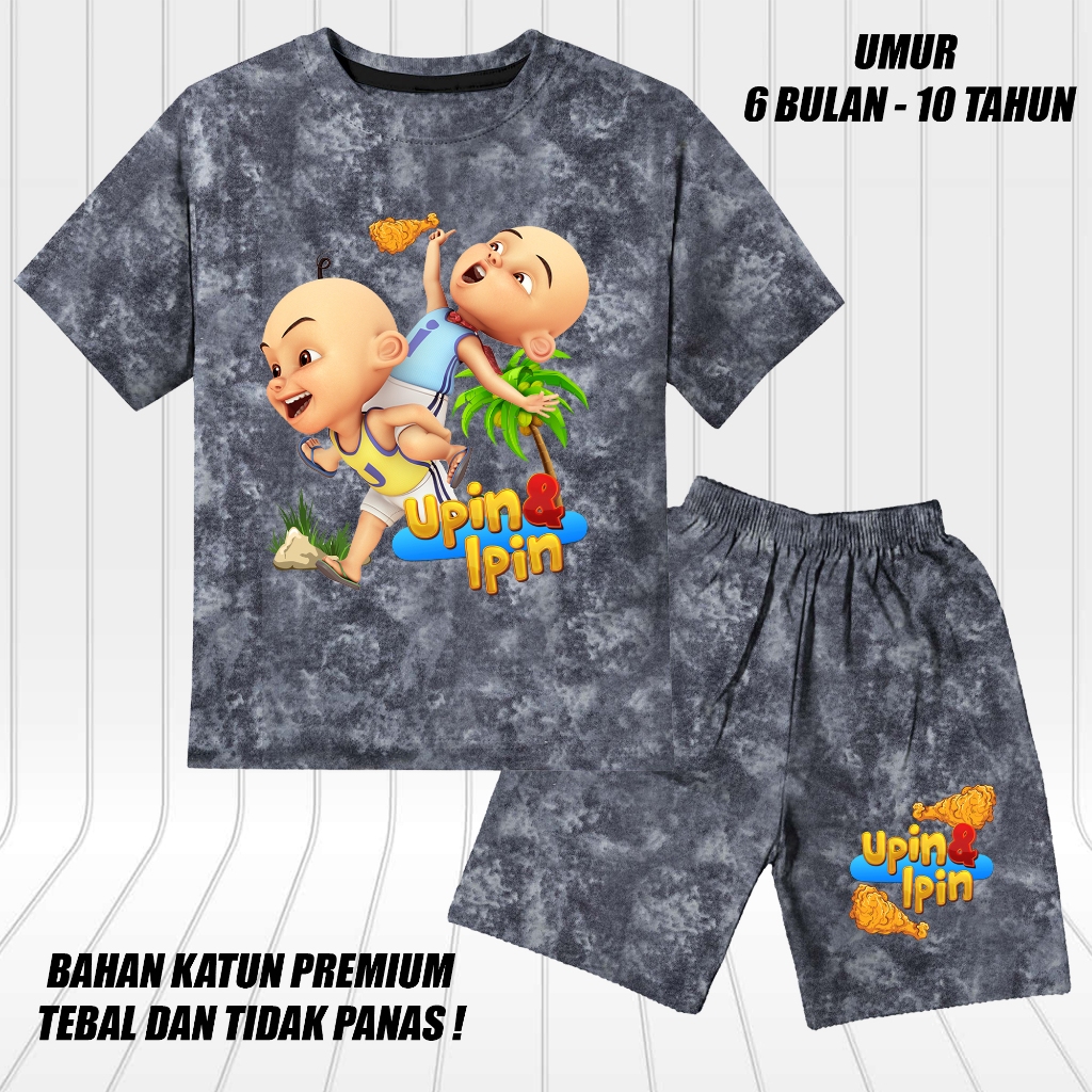 setelan denim jeans printing lengan pendek anak laki laki perempuan  upin ipin ayam goreng