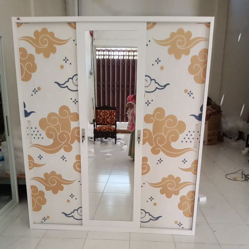 Lemari Pakaian Besi Pintu 3 Sleding 160x185 Jumbo / Lemari Besi Pintu Geser Minimalis Kaca Cermin Br