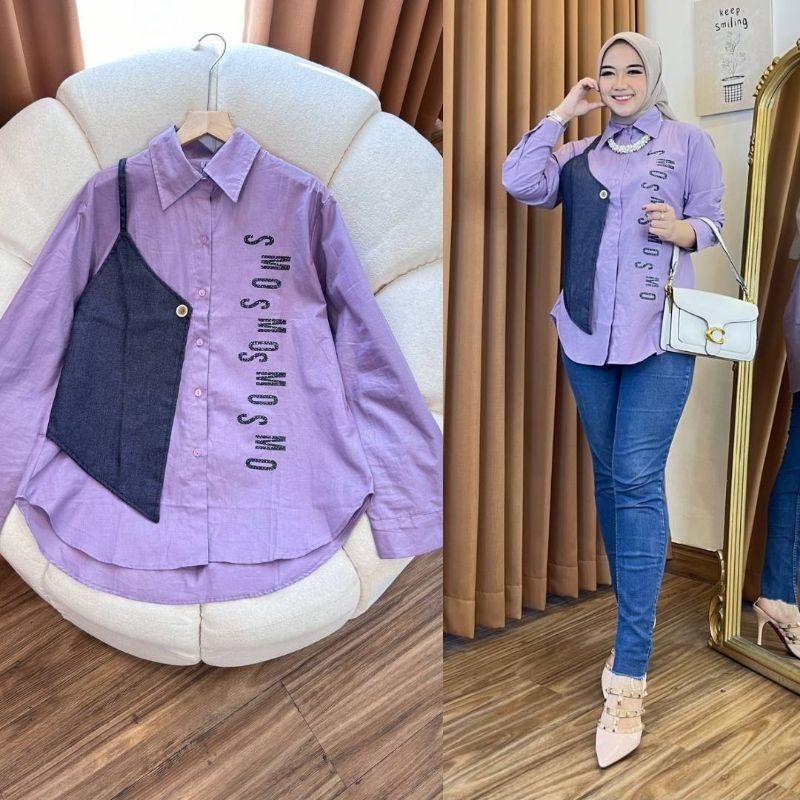 Grace Lee grosir Only  kemeja kombinasi denim SKU 1112