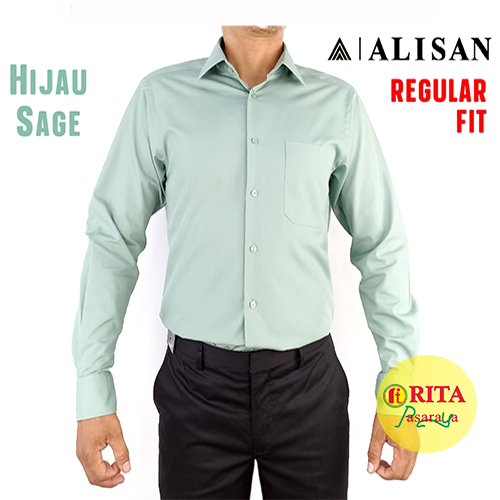 Kemeja Alisan Lengan Panjang Polos Slim Fit Hijau Sage