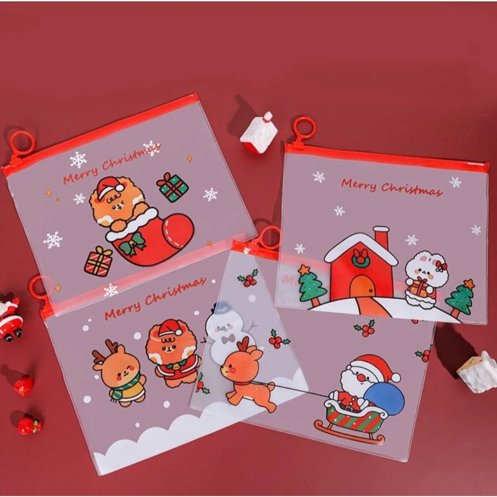 

Tempat Pensil Transparan Motif Natal/Merry Christmas | Zipper Pencil Pouch Xmas Edition