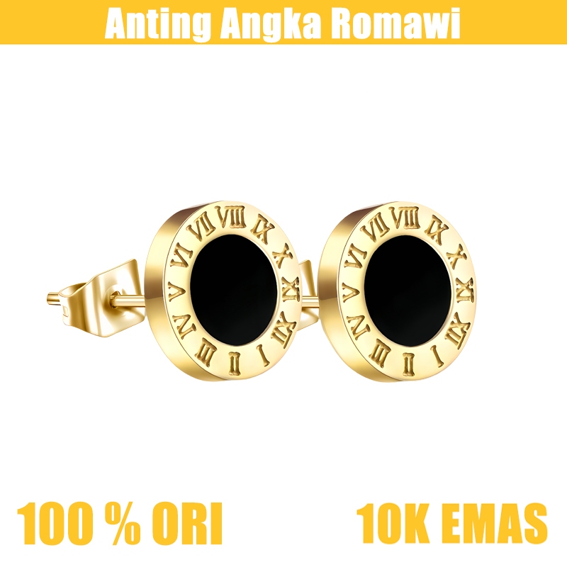 Sema & Arpel Anting Wanita, Anting Tindik Angka Romawi Onyx Hitam Emas 17K, Anting Korea
