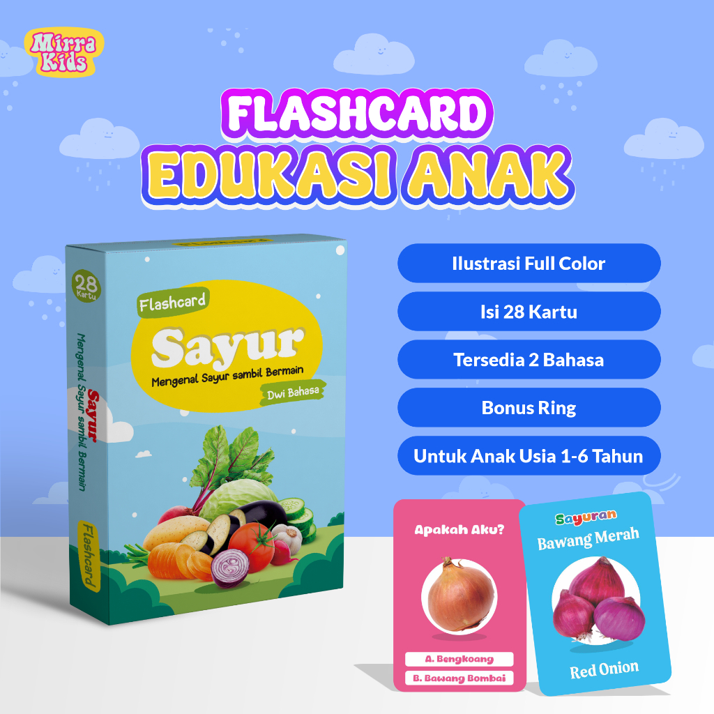 Flashcard Edukasi Anak | Mengenal Sayur | Mengenal Sayur Sambil Bermain | Isi 28 Kartu | Kertas Ivor