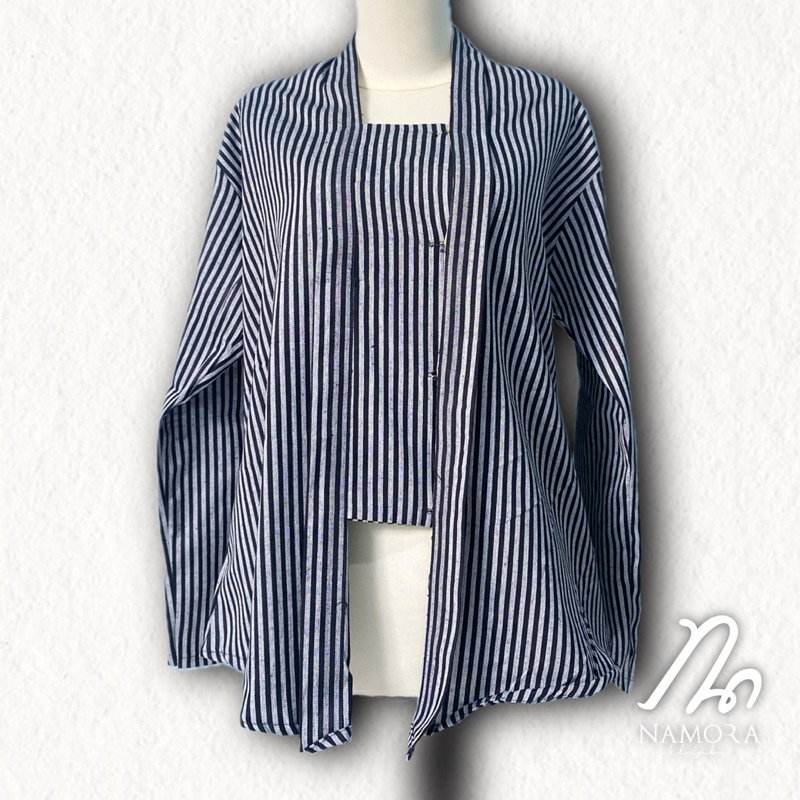 Baju Kebaya Lurik Tradisional Atasan Pakaian Adat Jawa Lengan Panjang Wanita Dewasa Warna Hitam Puti