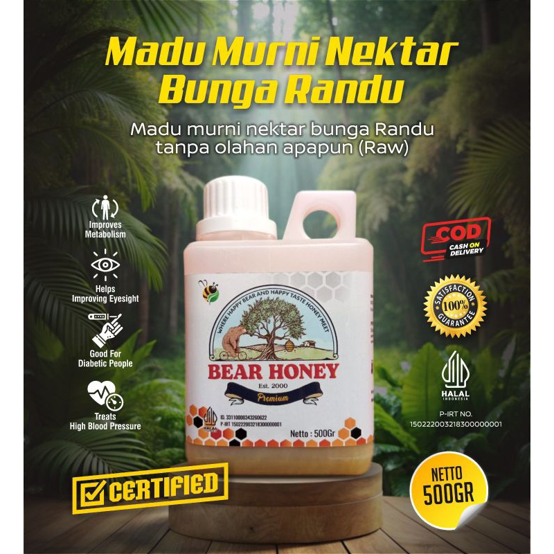 

MADU Mentah Murni BEAR HONEY FULL NEKTAR BUNGA RANDU Kemasan 500 gram