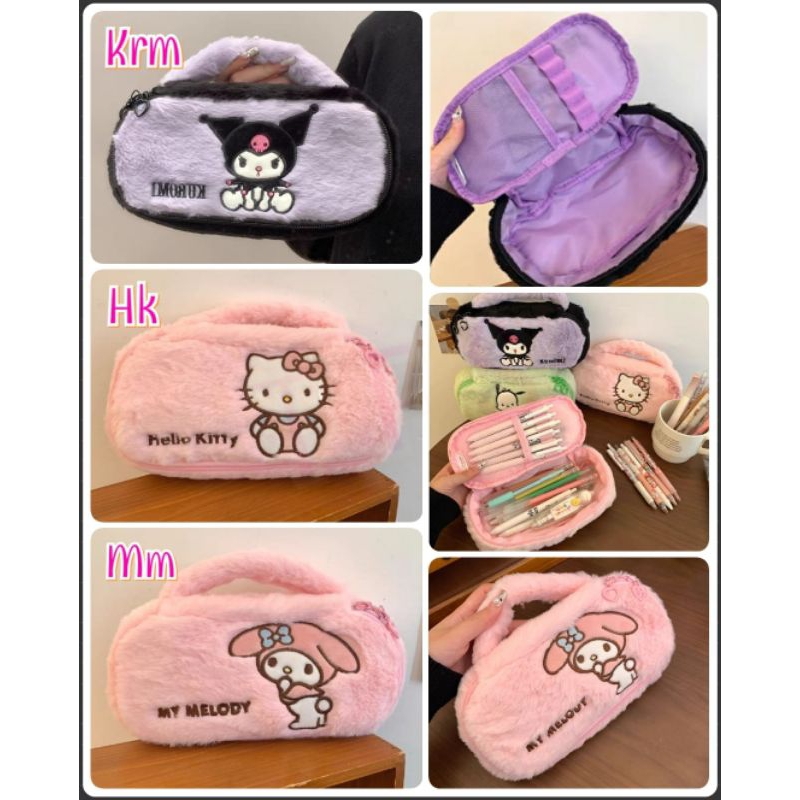 

Tempat pensil / pouch cosmetic bulu model tenteng ada sekat ori 22x6x14