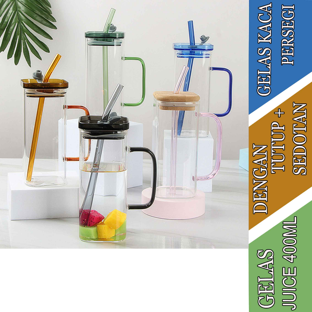 Gelas Gagang - Gelas Jar Tutup - Gelas Kaca Persegi - Tutup+Sedotan